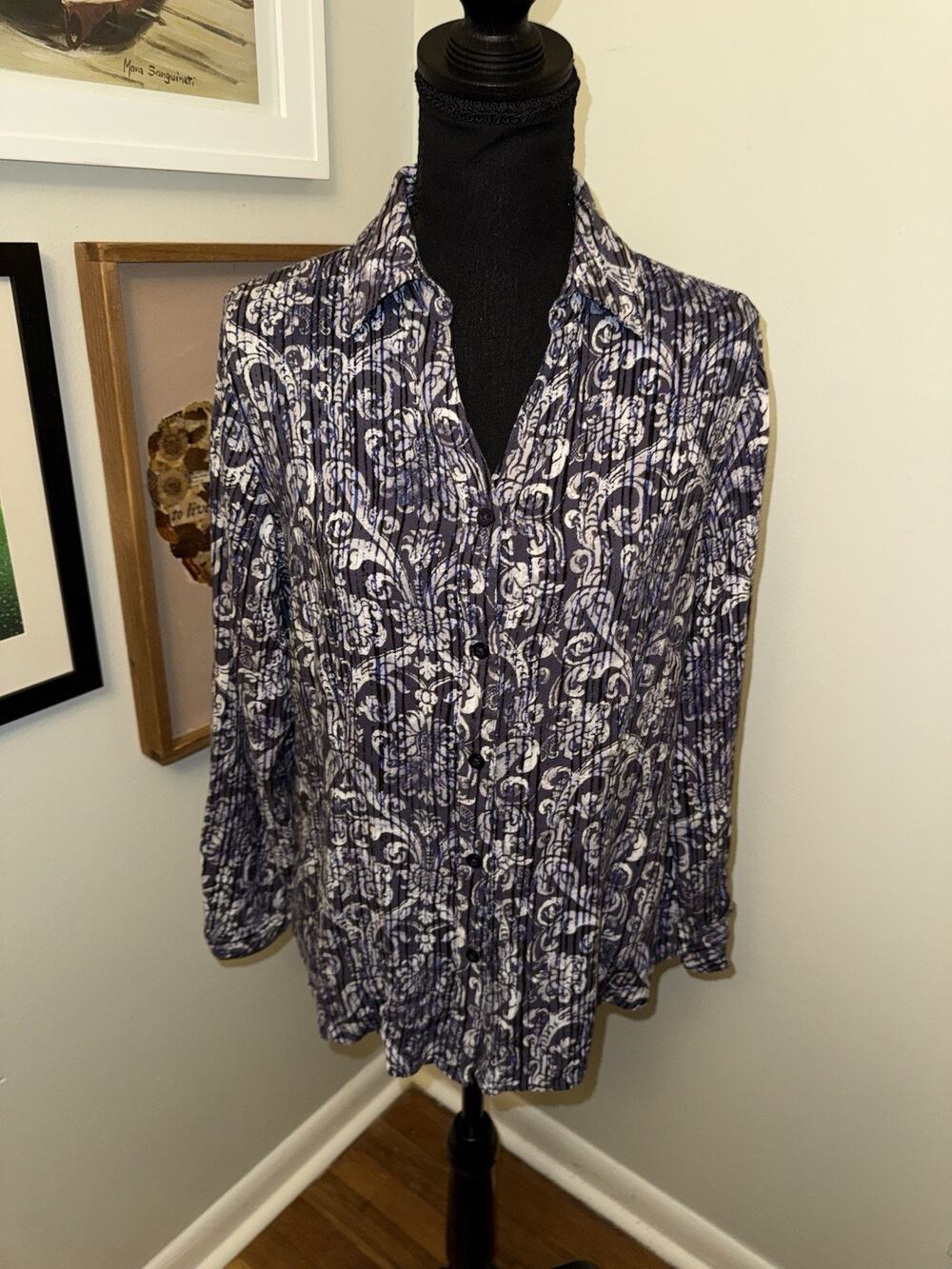 Chicos Womens Blouse Small 1 Blue White Fleur de Lis Print Top Coastal Boho